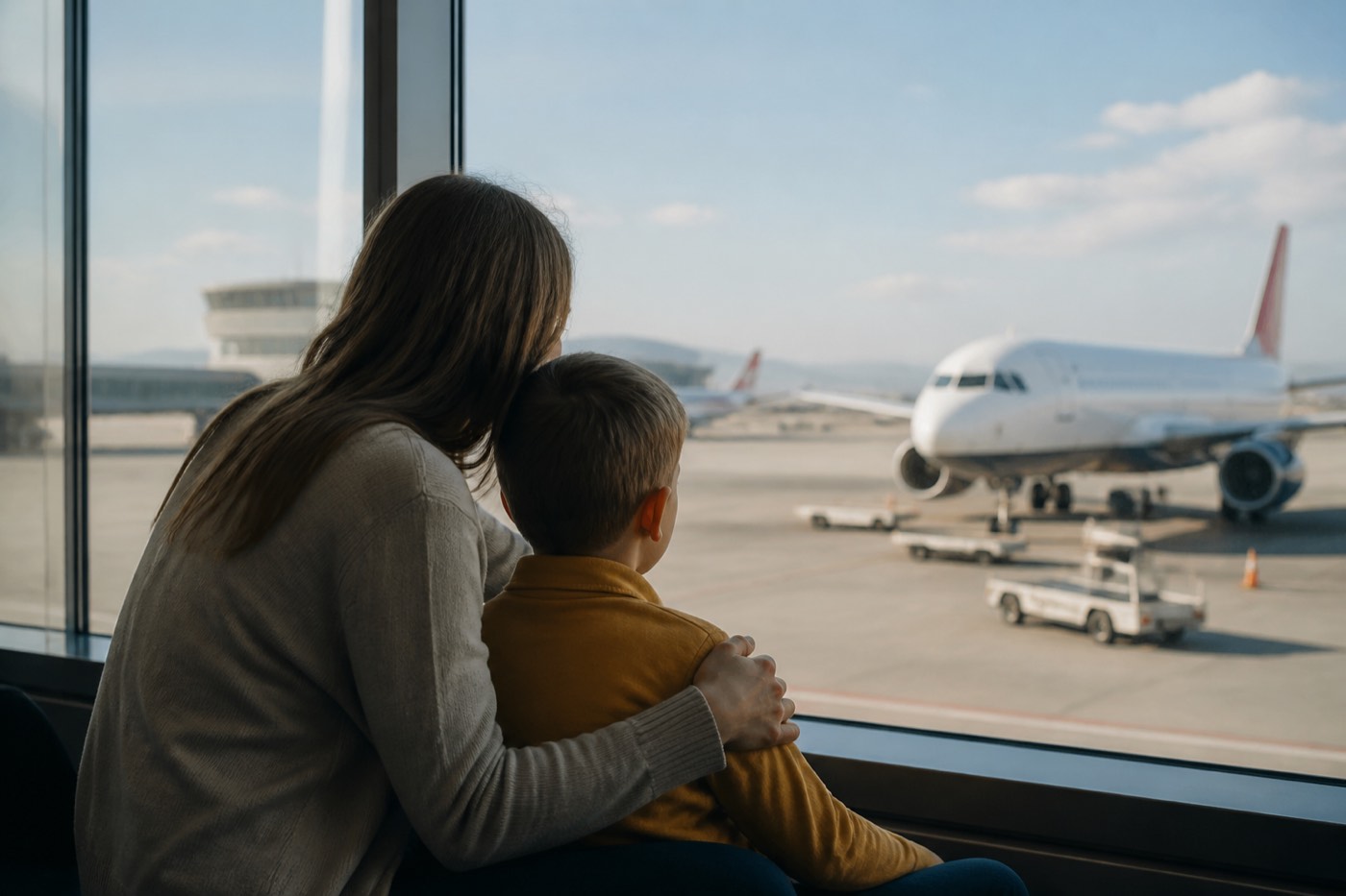 A child and parent looking out at aircraft from an airport window.