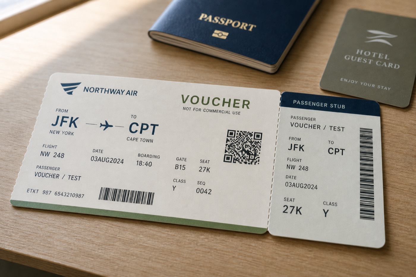 An unused airline voucher on a table, with a passport and hotel key card behind it.